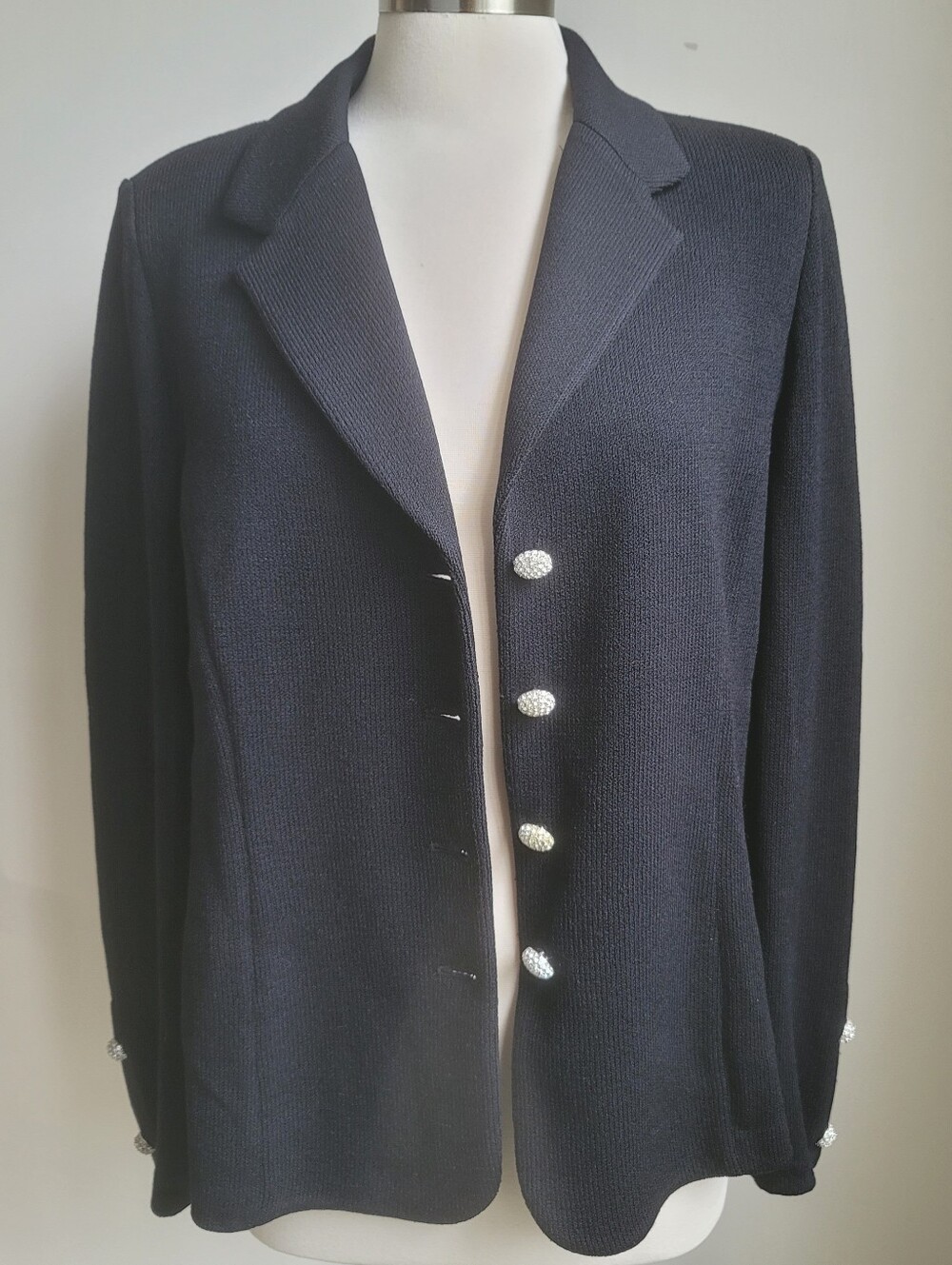 Vintage St. John Basics Black Santana Knit Rhinestone Button Blazer Jacket Sz 14